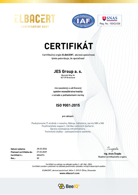 Certifikát ISO 9001 - JES Group